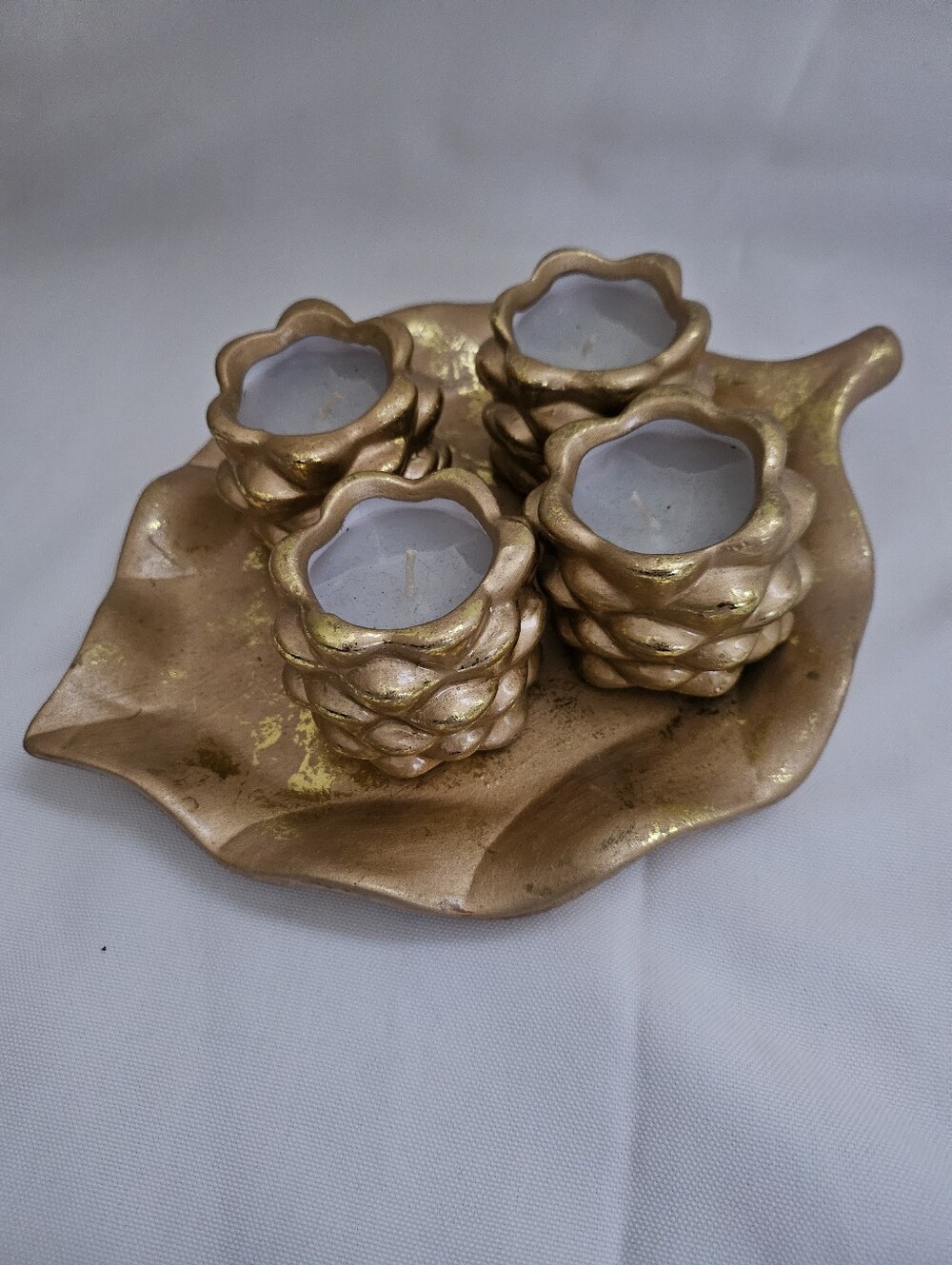 Vintage Gold Leaf-Shaped Tray W/ 4 Textured Pinecone-shaped Candles. Never Used